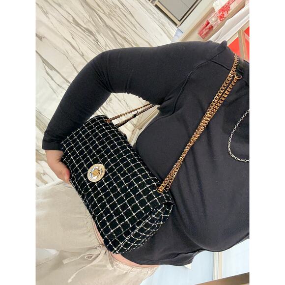 Versace black white tweet fabric leather flap bag - Picture 2 of 8